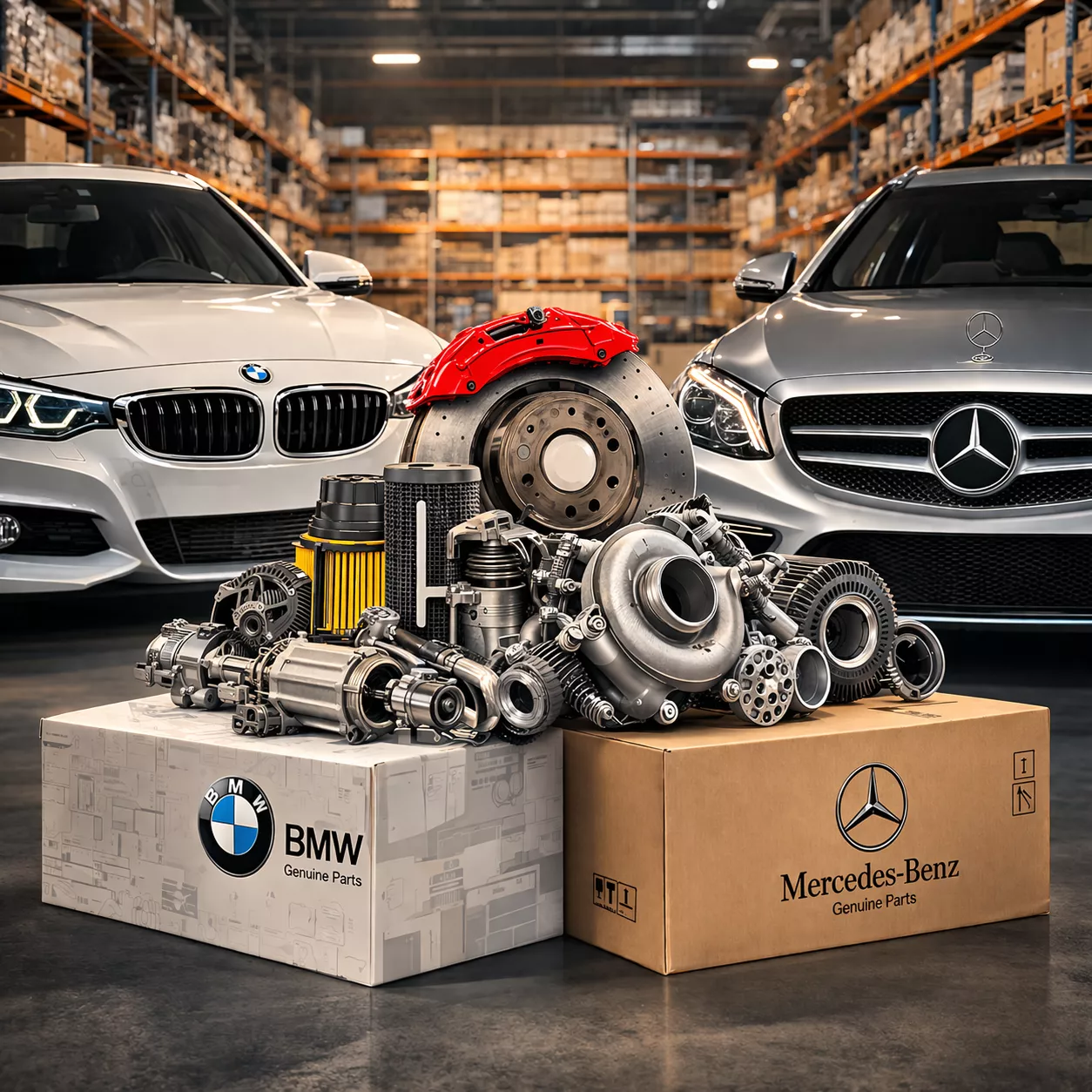High-quality image of BMW and Mercedes-Benz cars with genuine spare parts displayed in a warehouse setting.