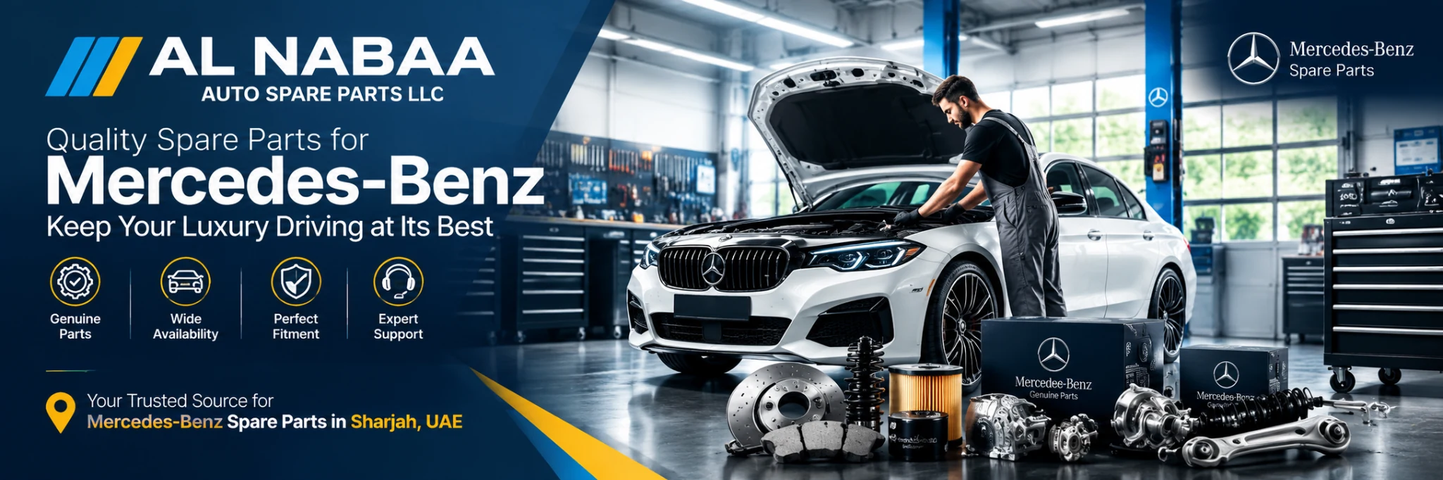 AL NABAA Mercedes-Benz spare parts workshop with expert mechanic servicing a luxury car in Sharjah, UAE.